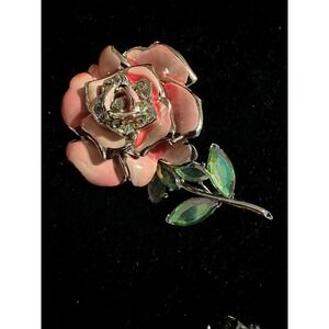 Vintage BSK Pink & Green Enamel  Aurora Borealis Rhinestone Rose Flower Brooch
